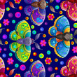 Seamless pattern with bright moths and flowers, on a dark blue background