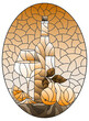 Illustration in the style of a stained glass window with a still life, a bottle of white wine, a glass and fruit, oval image, tone brown