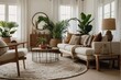 © Interior Only  - Cozy Living Room with Earthy Neutral Tones Modern Decor and Natural Light, beige and dark atmosphere