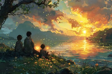 Wall Mural - family at sunset