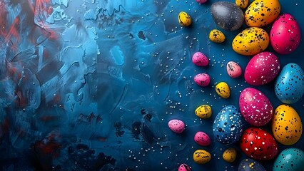 Wall Mural - Festive Background or Event Decor with Colorful Speckled Easter Eggs. Concept Easter Celebration, Colorful Eggs, Festive Decor, Spring Photoshoot, Holiday Event