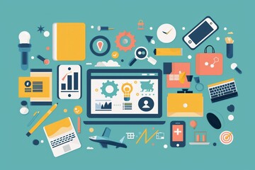 Aufkleber - Display of distance learning setup with computer screen, tablet, smartphone, and headphones for online lectures and study materials. Generative AI