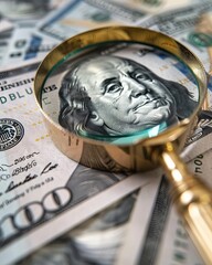 Closeup on magnifier glass with Benjamin Franklin on US dollar banknote and stock market graph for currency exchange and Interest rates concept