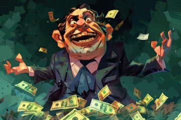 Canvas Print - A man in a suit and tie surrounded by piles of money. Perfect for finance and success concepts