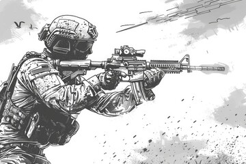 Detailed illustration of a soldier holding a gun. Suitable for military or war themes