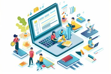 Aufkleber - A diverse group of individuals standing around a laptop, engaged in discussions or collaborating on an online project. Generative AI