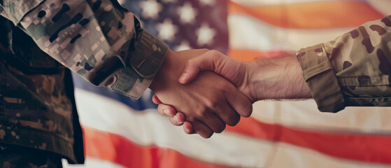 Heartfelt handshake between military personnel and civilian against an American flag backdrop, symbolizing unity.