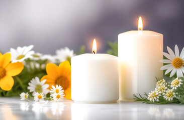 Two white burning candles among wildflowers on a light background