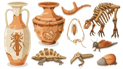 Poster - Modern illustration of paleontological and archaeological finds. Ancient ceramic vase, fossil dinosaur skeleton, yellow insect, and tooth necklace.