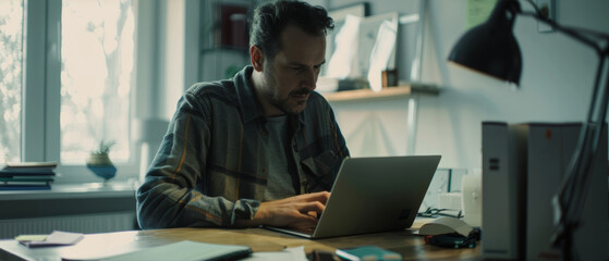 Wall Mural - a focused man works diligently on his laptop in a dimly lit, cozy home office.