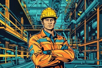 Wall Mural - A man wearing a hard hat standing in a factory. Suitable for industrial concepts