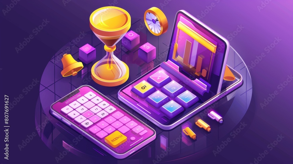 Business concept modern of time management. Desk calendar, clock and ...
