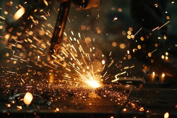 Canvas Print - Close up of a person cutting metal with sparks. Ideal for industrial concepts