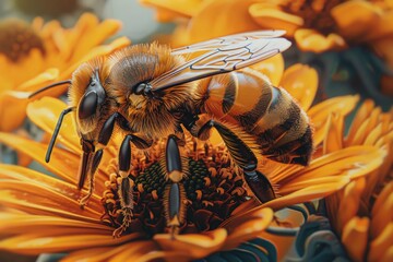 Wall Mural - Close-up of a bee perched on a vibrant yellow flower. Perfect for nature and gardening themes