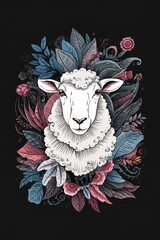 Wall Mural - Elegant Sheep Surrounded by Intricate Floral and Botanical Patterns on Dark Background