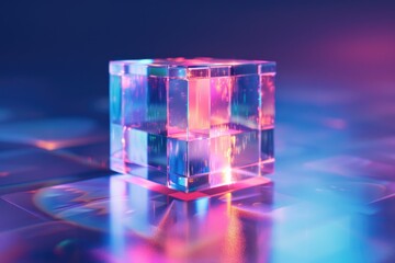 A crystal cube sitting on a table, suitable for business or home decor