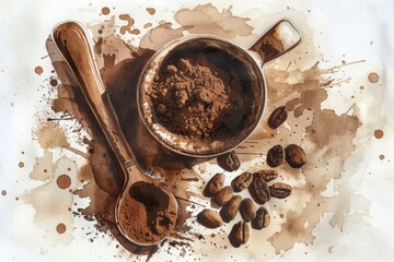 Wall Mural - A cup of coffee and spoons on a table. Suitable for cafe or kitchen themes