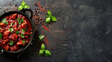 Wall Mural - A pan brimming with succulent meat, enriched with savory sauce and adorned with fresh green leaves