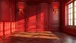 A red room with a wooden floor and two windows