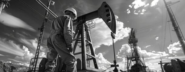 Wall Mural - A man standing in front of an oil pump. Perfect for energy industry concepts