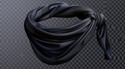 Blank black cloth bandana for head or wrist. Blank sportswear, kerchief sportswear, biker apparel fashion design isolated on transparent background, Realistic 3D modern illustration.