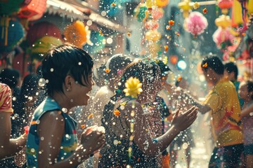 Wall Mural - Kids having fun playing with water, perfect for summer activities