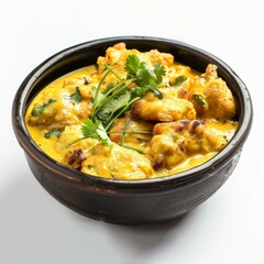 Wall Mural - A black bowl filled with various Indian food, including Kadhi Pakora, resting on a white table