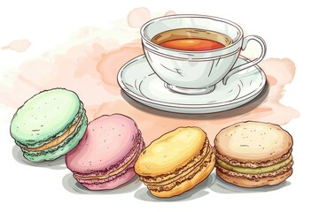 Wall Mural - A cup of tea with a plate of colorful macarons. Perfect for tea time or dessert menu