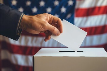 Election in USA. person putting his vote into ballot box against national flag of United States