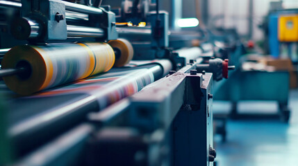 Poster - Close-up view of a commercial printing press machine in operation producing colorful prints.