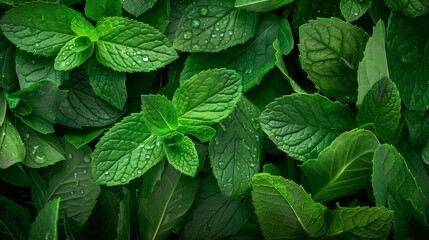 Canvas Print - Vivid image of fresh green leaves with droplets of water, showcasing a variety of shapes and shades.