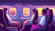 The mother and daughter travel together by plane. Passengers sitting at comfortable seats with tables in the first class area, a woman and a girl enjoy the night flight. Cartoon modern illustration