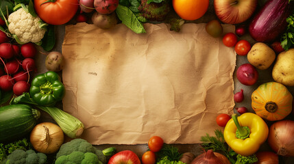 Poster - A variety of fresh vegetables frame an empty brown paper with space for text in the center.