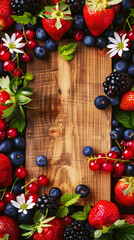 Poster - Vertical image featuring a variety of fresh berries and flowers on a rustic wooden background with central copy space.