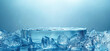 © annaspoka - ice cube crystal surface dais, empty podium, product display stage pedestal, platform mockup on blue background. banner for cold frozen cool fresh food or drink beverage exposition presentation