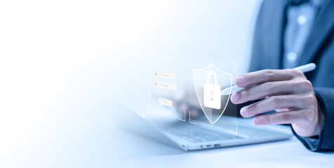 Wall Mural - protect attacks from a hacker, lock mark cyber security technology digital information. concept of s