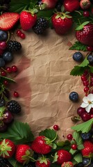 Poster - A fresh display of assorted berries on a wrinkled brown paper background, with ample copy space in the center.