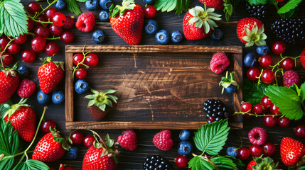 Wall Mural - A vibrant assortment of fresh berries with strawberries, blueberries, raspberries, and blackberries on a wooden surface.