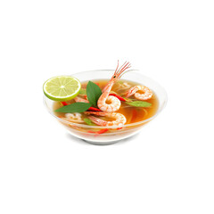 Spicy tom yum soup in glass dish shrimp twirling lemongrass swirling chili peppers floating lime