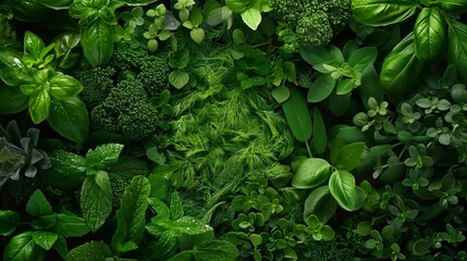 Poster - Vibrant close-up view of fresh culinary herbs and leafy greens with water droplets, showcasing a lush texture.