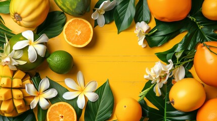 Canvas Print - Vibrant tropical fruit arrangement on a yellow background, surrounded by fresh green leaves and flowers.