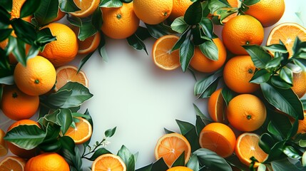 Canvas Print - Fresh oranges with leaves arranged around a blank central area, ideal for copy space.