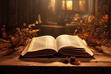 Wall Mural - Open book on wooden table, forest background