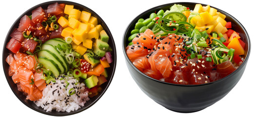 Wall Mural - Hawaiian Poke Bowl bundle, side and top view, isolated on a white background