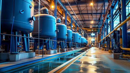 Sticker - A row of large blue industrial tanks in a modern factory setting with metallic structures.