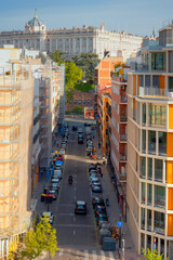 Wall Mural - Royal Palace with cityscape and aerial view of of shopping street and traffic -Madrid, Spain