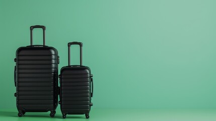 Wall Mural - Two black hard shell suitcases of different sizes against a plain light green background.