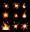Pixel art 8 bit fire flames and explosion flashes , isolated on black background. Set with cartoon burst animation for retro video game design.