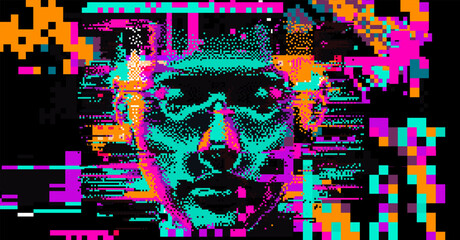 Aufkleber - Distorted and distorted face silhouette on dark background. The concept of machine learning, neural networks and artificial intelligence.