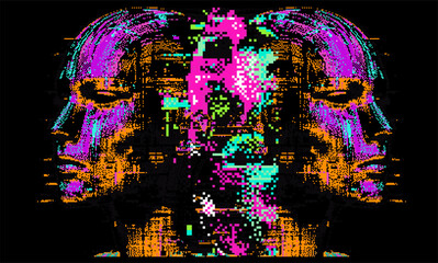 Aufkleber - Distorted and distorted face silhouette on dark background. The concept of machine learning, neural networks and artificial intelligence.
